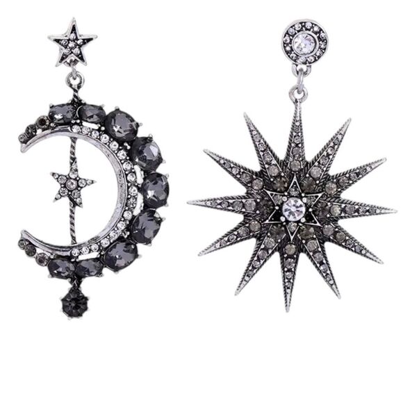 Star Crescent Moon Mismatched Silver Tone Smoky Crystal Dangle Earrings NWT - Picture 1 of 12